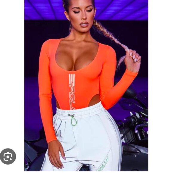 Oh polly High Cut Leg Orange Reflective Long Sleeve Bodysuit - Picture 1 of 13